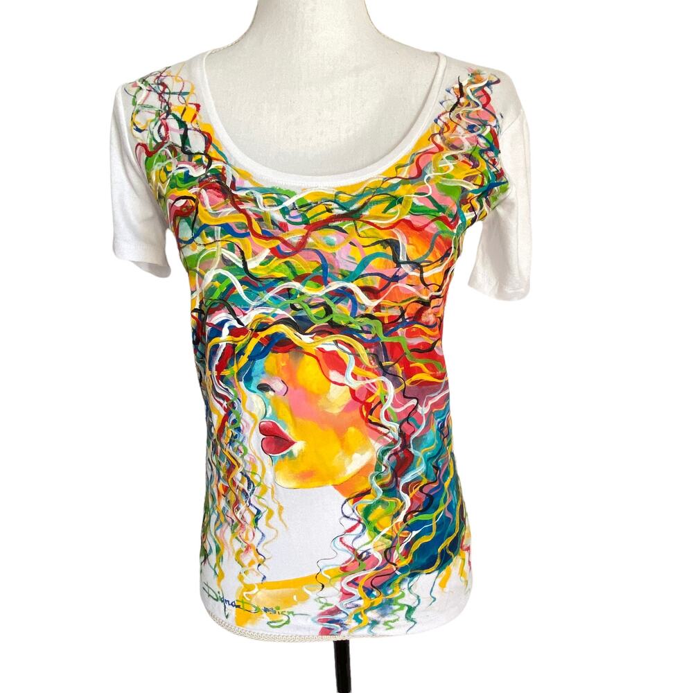 Art To Wear Woman's Size S White Multicolor‎ Curly Hair Lady Lips Cap Sleeve Top